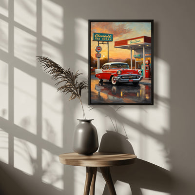 Retro gas station oil painting featuring a classic red car at a Chevrolet gas station in a vintage style