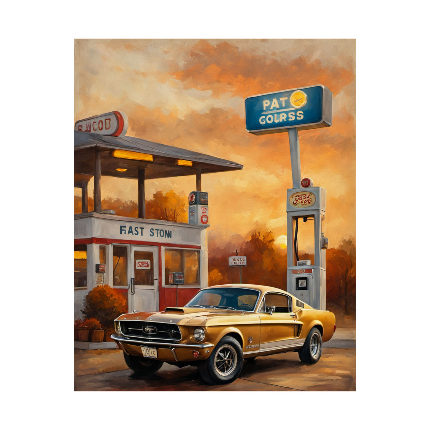 Vintage scene of a golden Mustang at a retro gas station poster with a colorful sunset backdrop