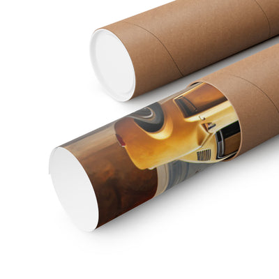 Retro gas station poster rolled in a protective tube, featuring vintage car illustration
