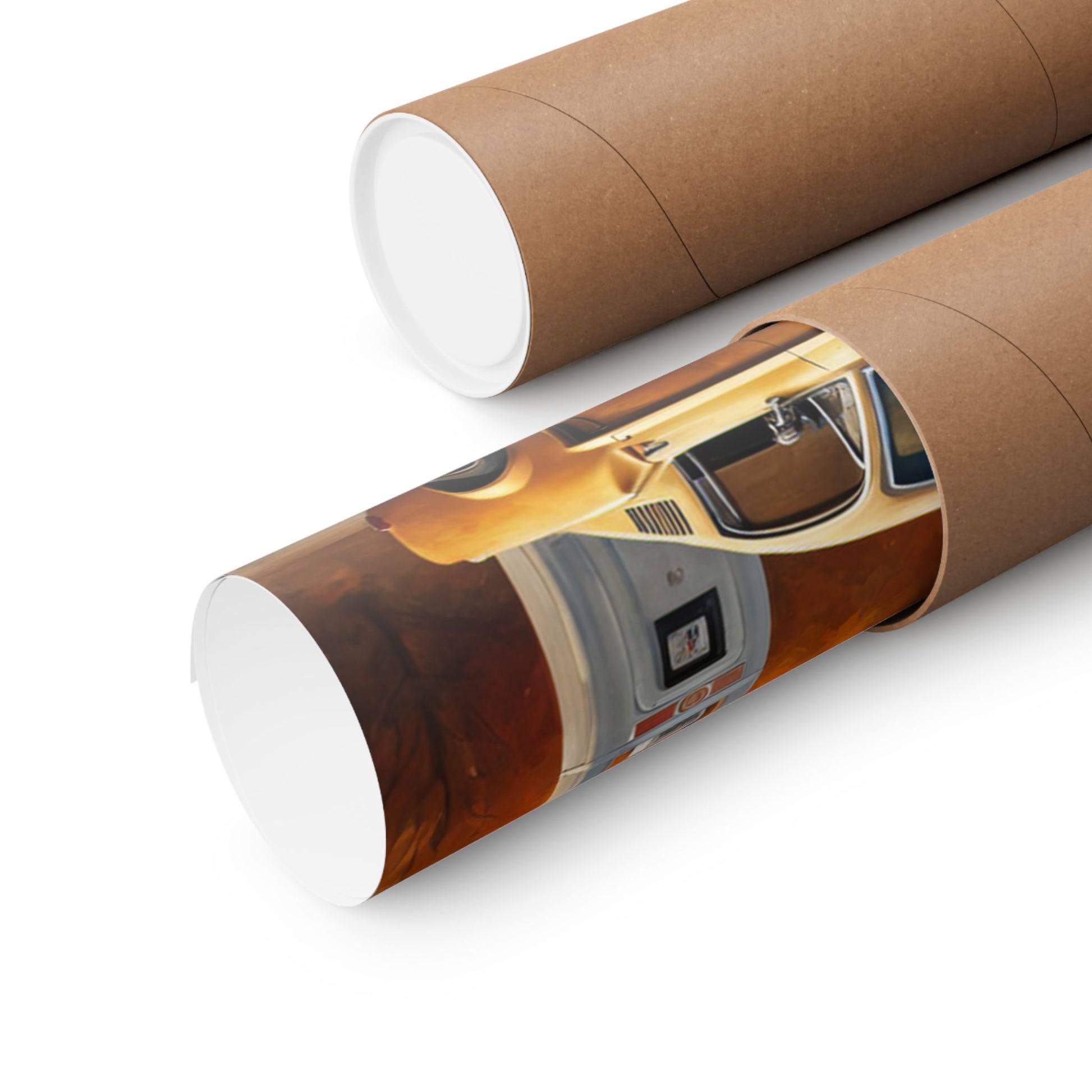 Retro gas station poster rolled up in a kraft paper tube for easy storage and transport