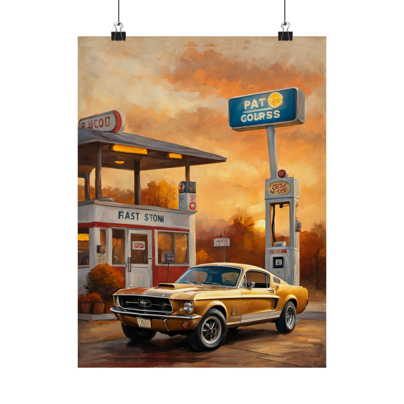 Vintage scene of a classic car at a retro gas station poster with warm colors and nostalgic details