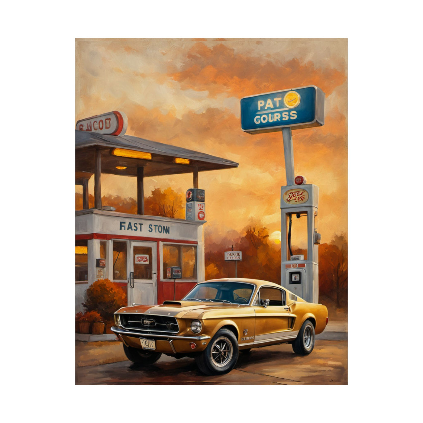 Retro gas station poster featuring a vintage car and nostalgic gas station scene