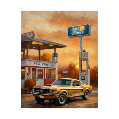 Retro gas station poster featuring a vintage car and nostalgic gas station scene