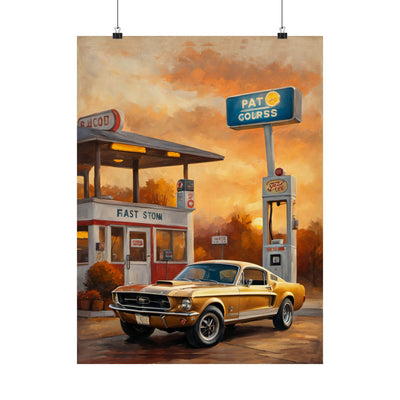 Vintage art featuring a retro gas station poster with a classic car and sunset backdrop