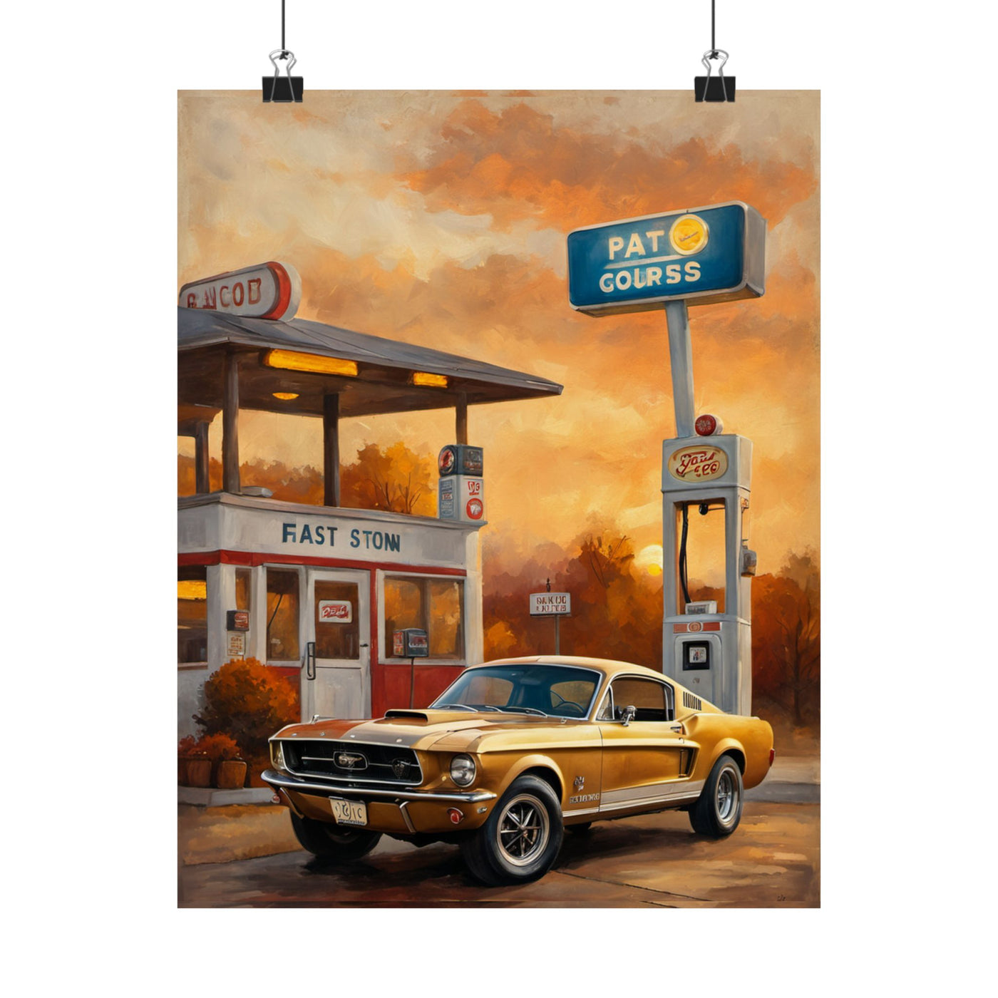 Vintage scene featuring a classic Mustang at a retro gas station poster with warm autumn colors