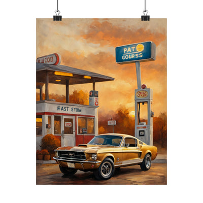 Vintage scene featuring a classic Mustang at a retro gas station poster with warm autumn colors
