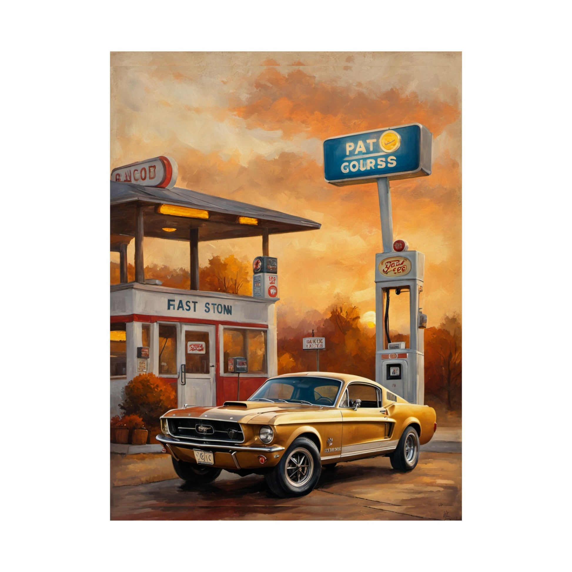 Vintage retro gas station poster featuring a classic gold Mustang in front of a gas station