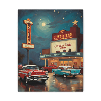 Retro movie theater canvas print featuring vintage cars and a classic cinema under a night sky