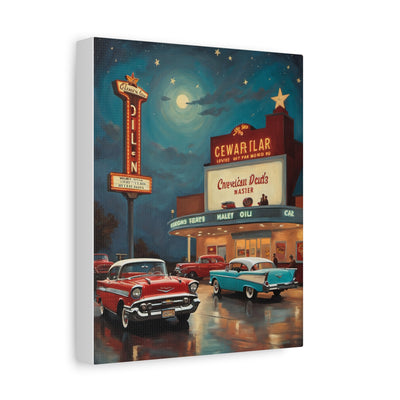 Retro movie theater canvas print featuring classic cars and a nostalgic cinema backdrop