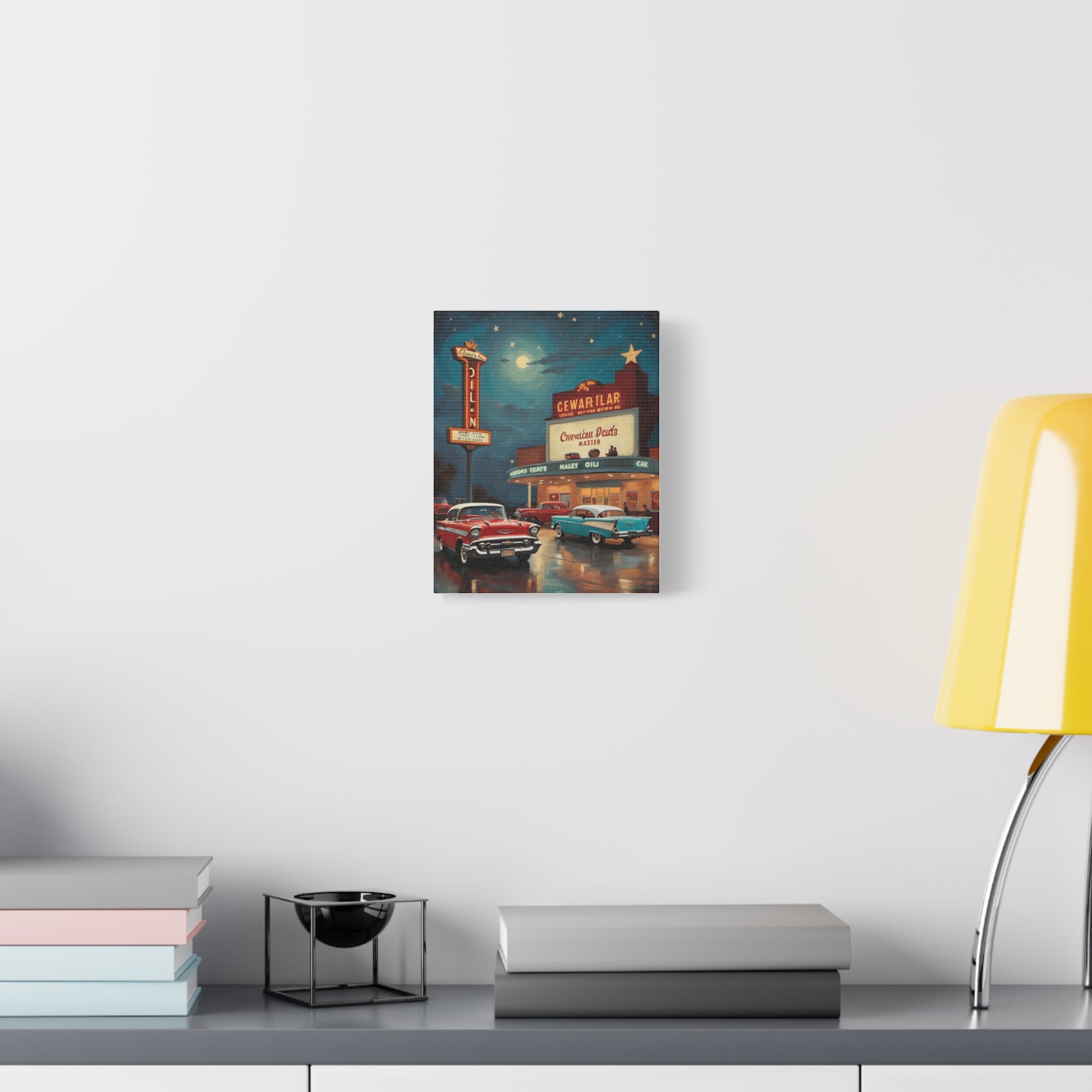 Retro movie theater canvas print showcasing classic cars and a vintage cinema sign for nostalgic decor