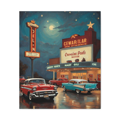 Retro movie theater canvas print featuring vintage cars and a vibrant night scene