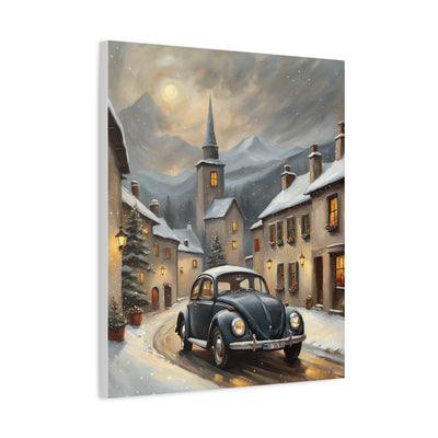 Charming retro snow village canvas depicting a snowy street with a vintage car and cozy homes