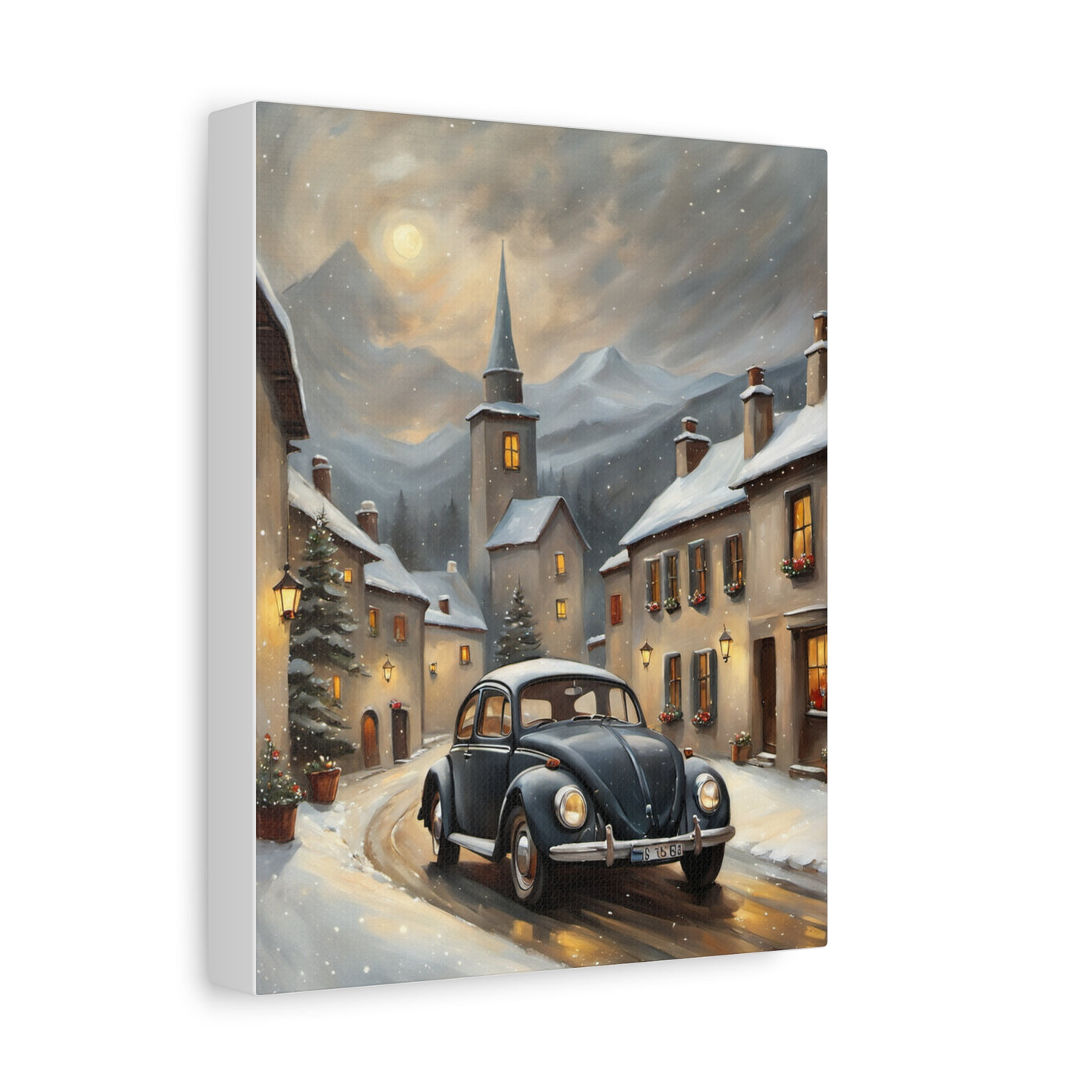 Retro snow village canvas featuring a winter scene with a vintage car and snow-covered buildings