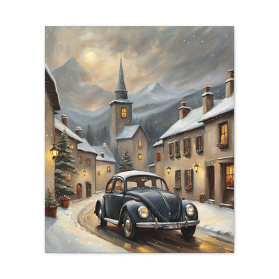 Retro snow village canvas featuring a vintage car on a snowy street with cozy cottages