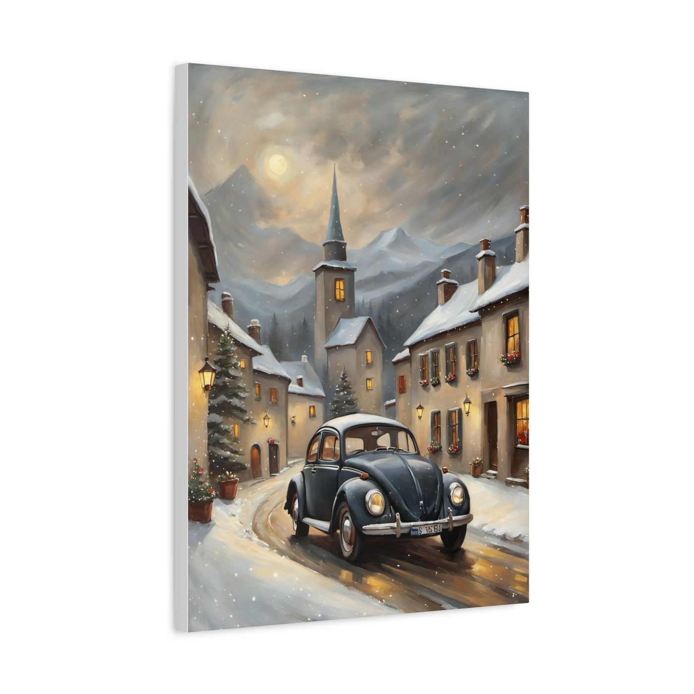 Retro snow village canvas featuring a scenic winter street with a classic car and quaint houses