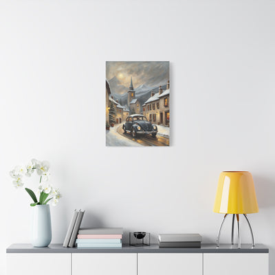 Retro snow village canvas featuring a classic car in a snowy village scene on a winter evening