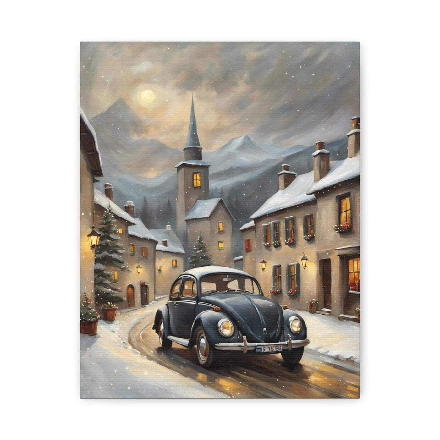 Retro snow village canvas featuring a winter scene with a vintage car and snowy houses
