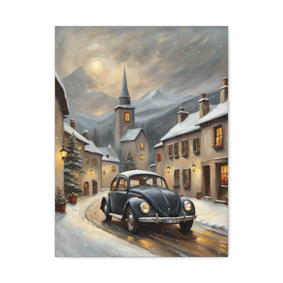 Charming retro snow village canvas with a car driving through a snowy street and cozy cottages