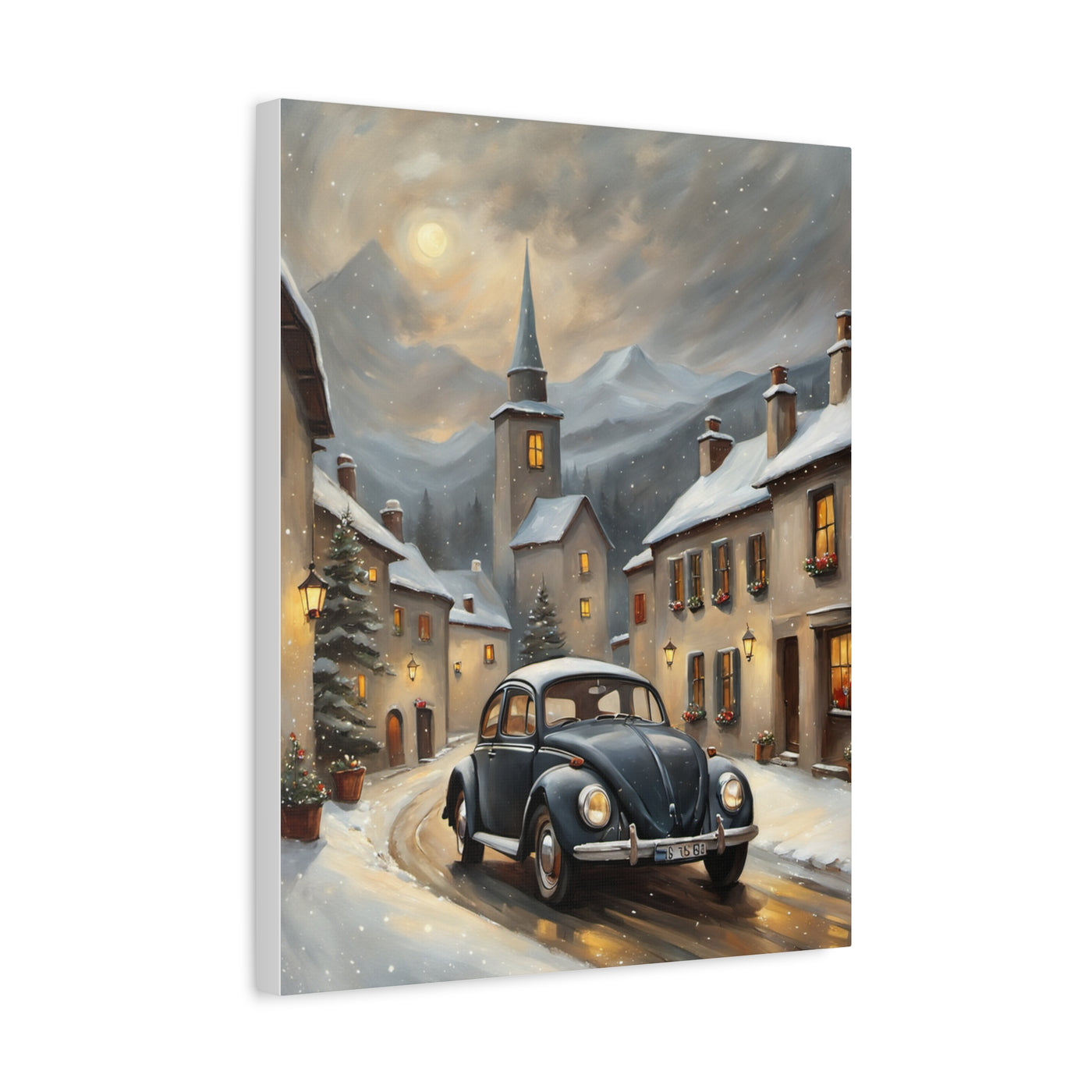 Retro snow village canvas artwork featuring a vintage car in a snow-covered street scene