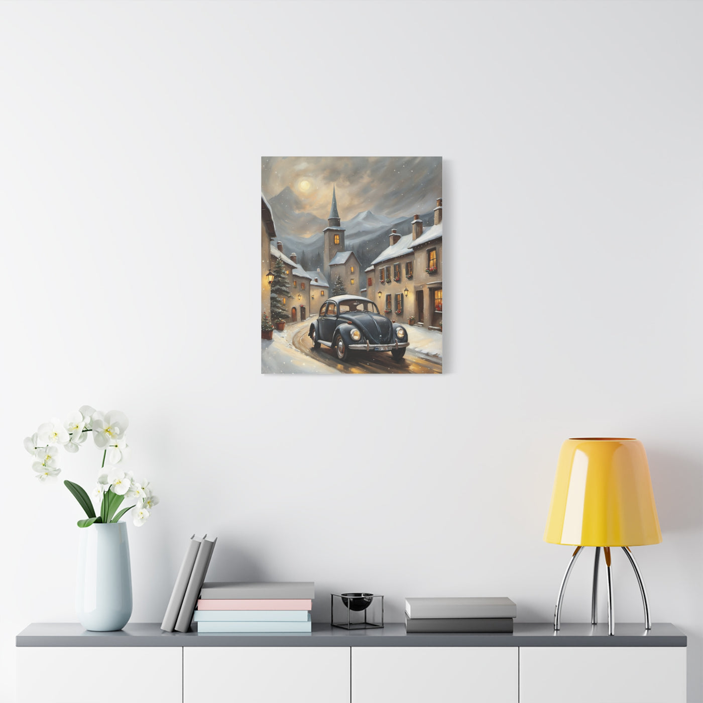 Retro snow village canvas featuring a quaint town scene with a vintage car in the snow