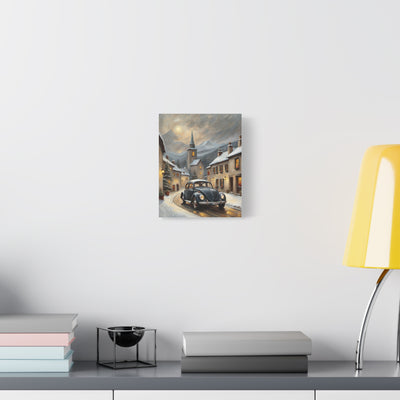 Retro snow village canvas featuring a vintage car and snowy streets in a cozy winter setting