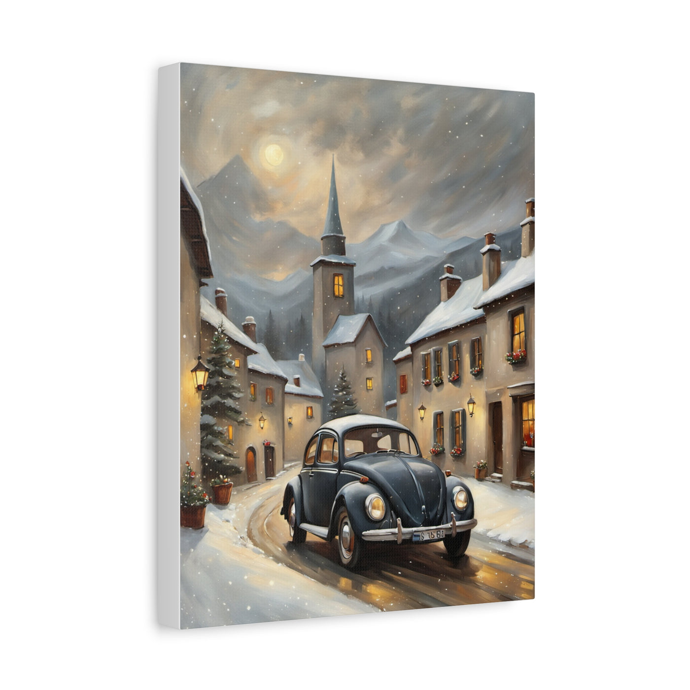Retro snow village canvas featuring a vintage car in a winter landscape with charming houses