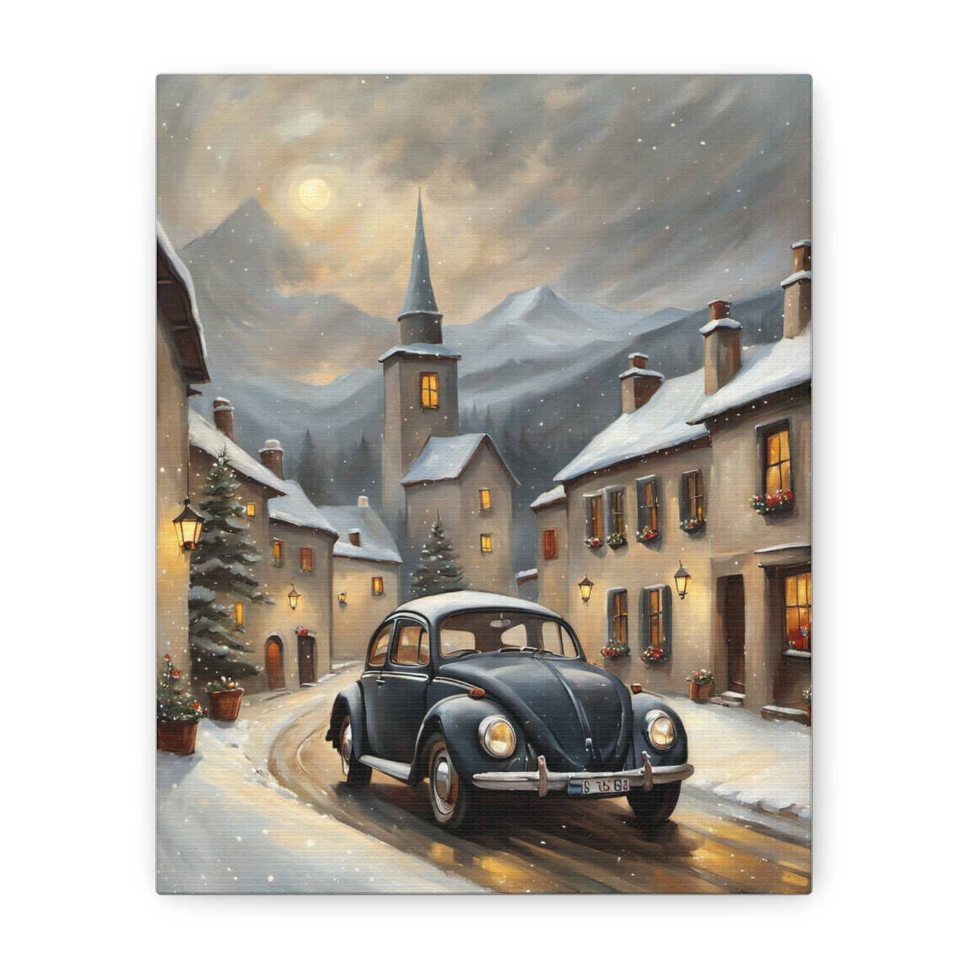 Charming retro snow village canvas featuring a vintage car and snow-covered houses under a cloudy sky