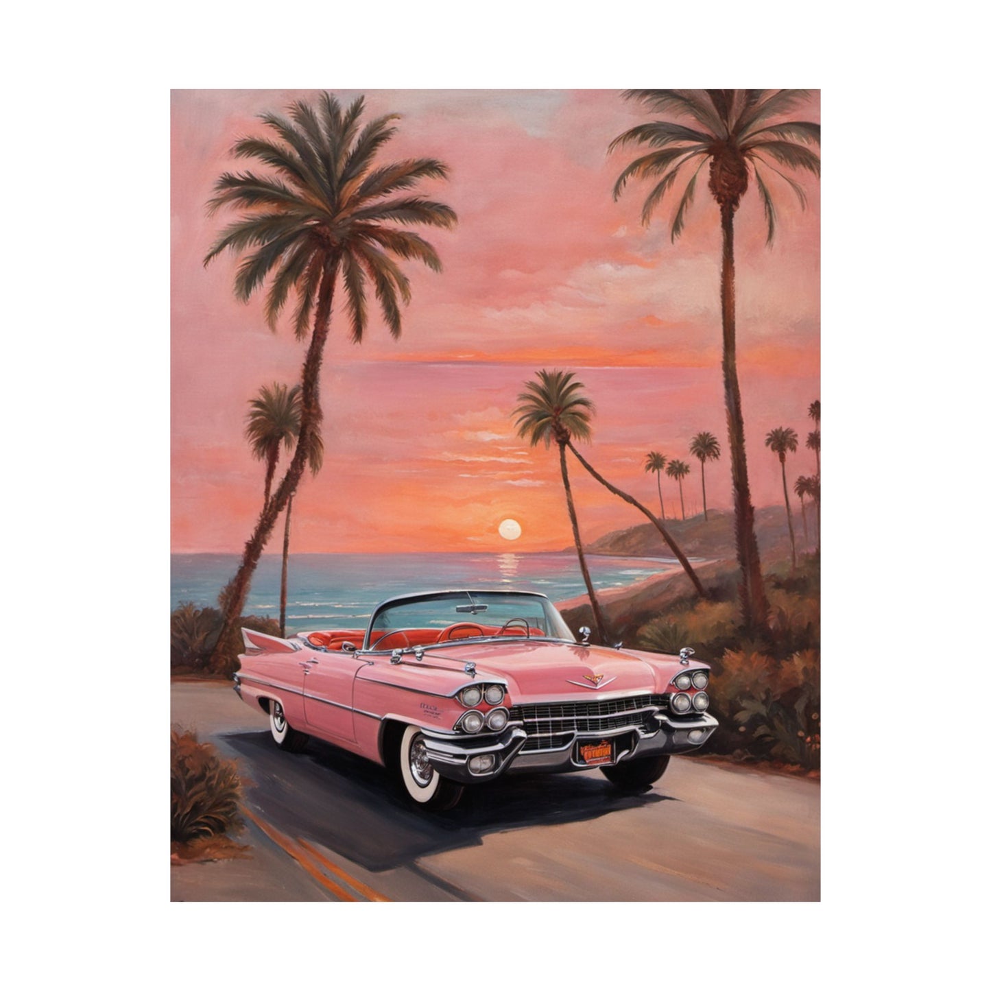 Retro Sunset Poster featuring a pink Cadillac Convertible near palm trees at sunset