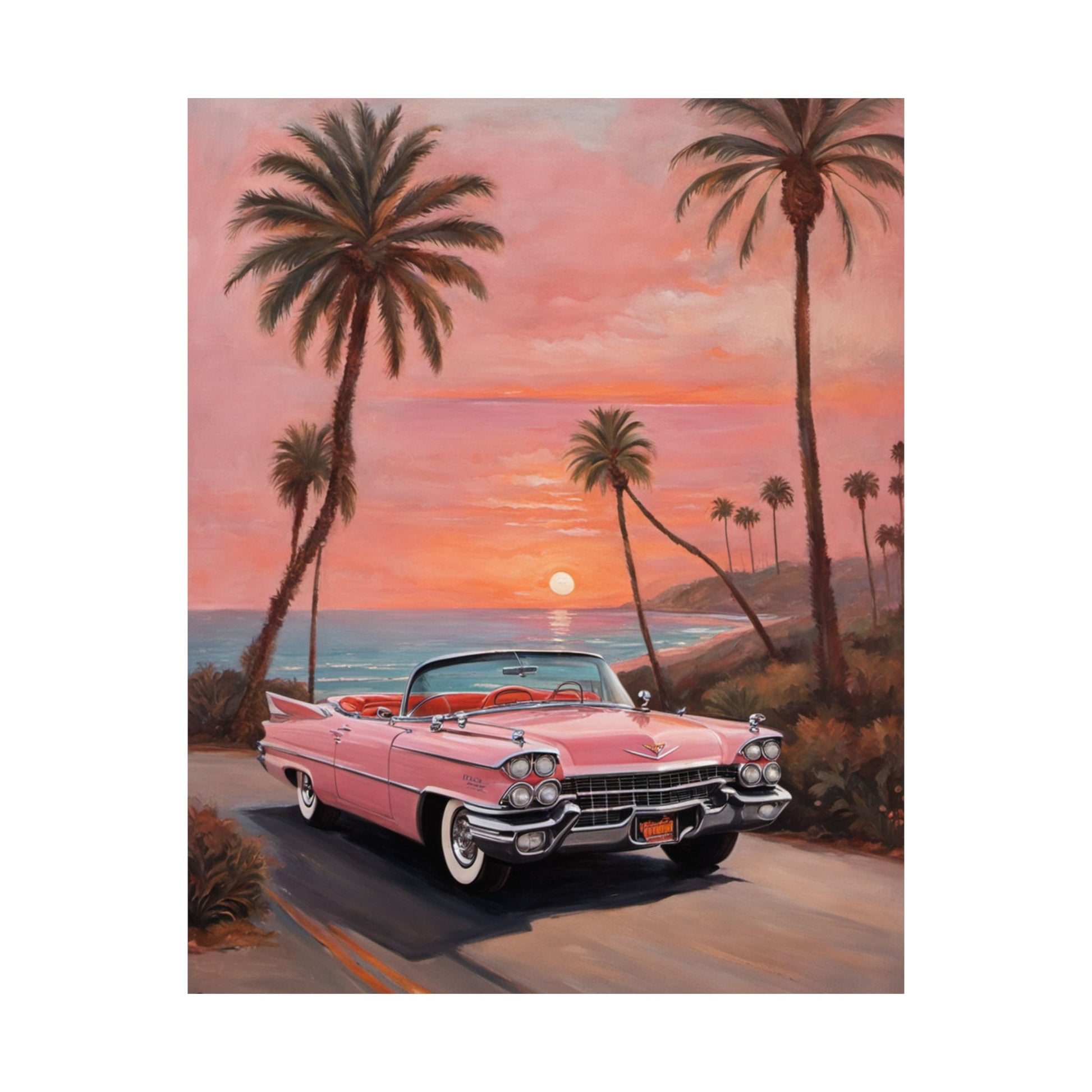 Retro Sunset Poster featuring a pink Cadillac Convertible near palm trees at sunset