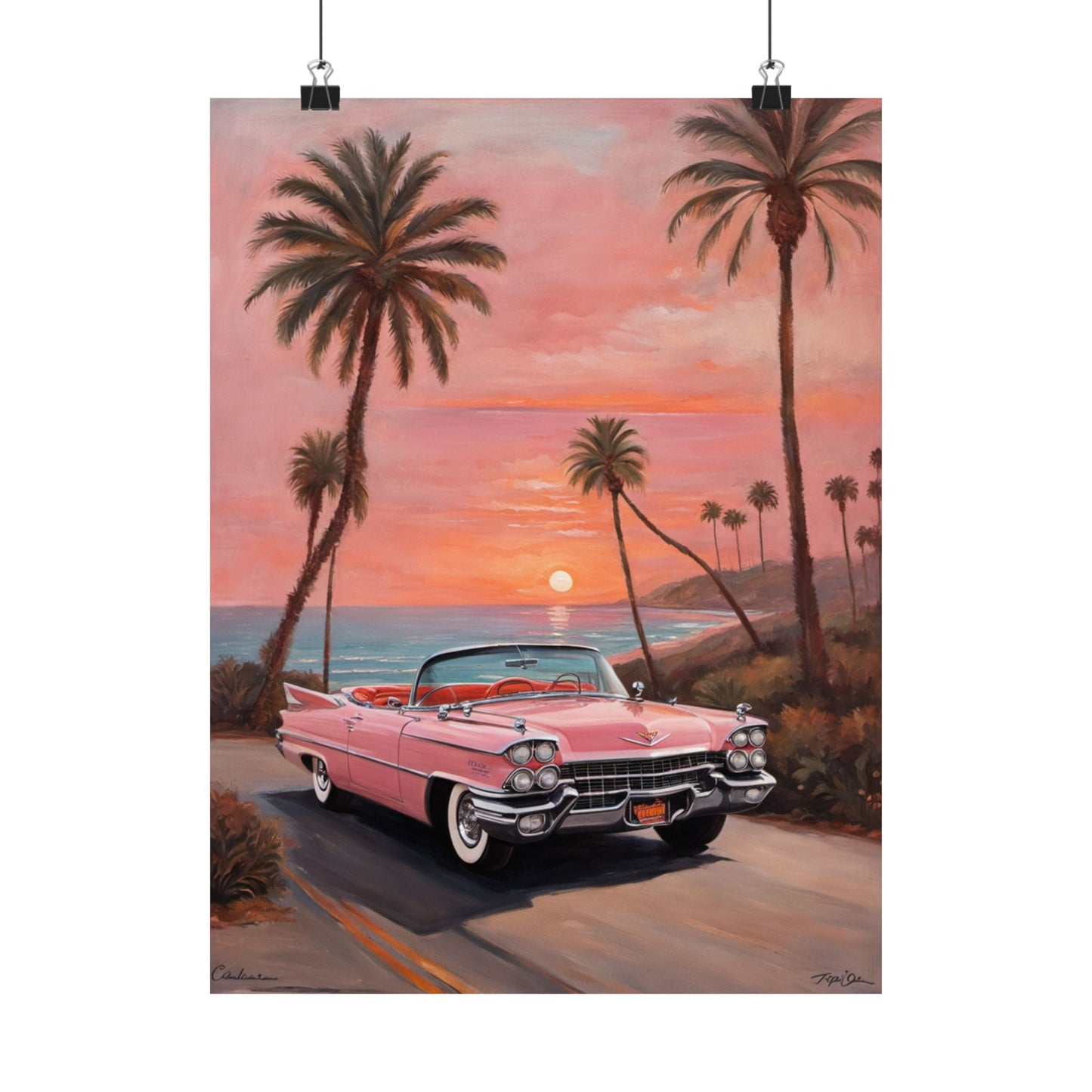 Retro Sunset Poster featuring a classic pink Cadillac with palm trees at sunset on a coastal road
