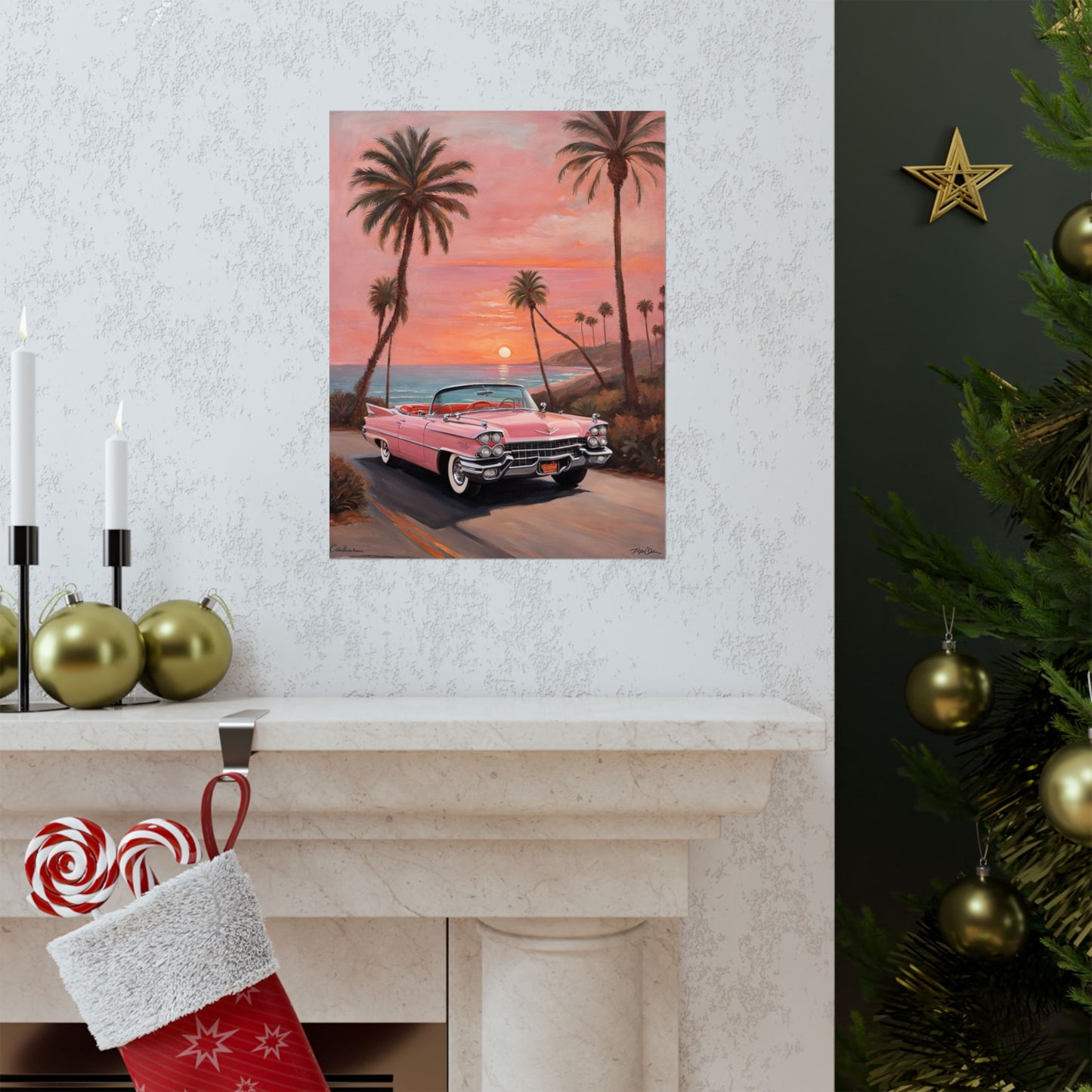 Retro Sunset Poster featuring a classic car and palm trees at sunset on a beach road