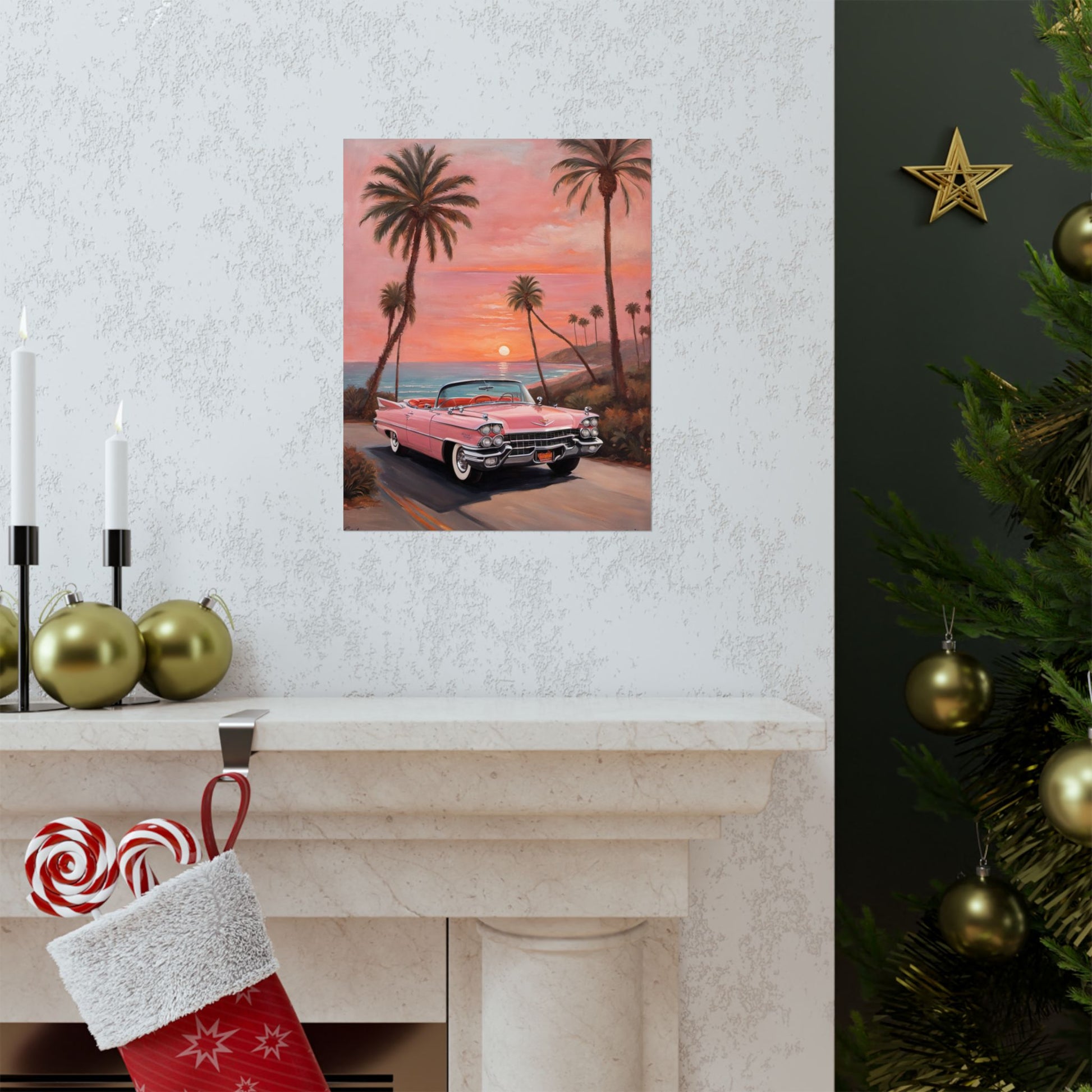 Retro Sunset Poster featuring a vintage car and palm trees against a colorful sunset backdrop