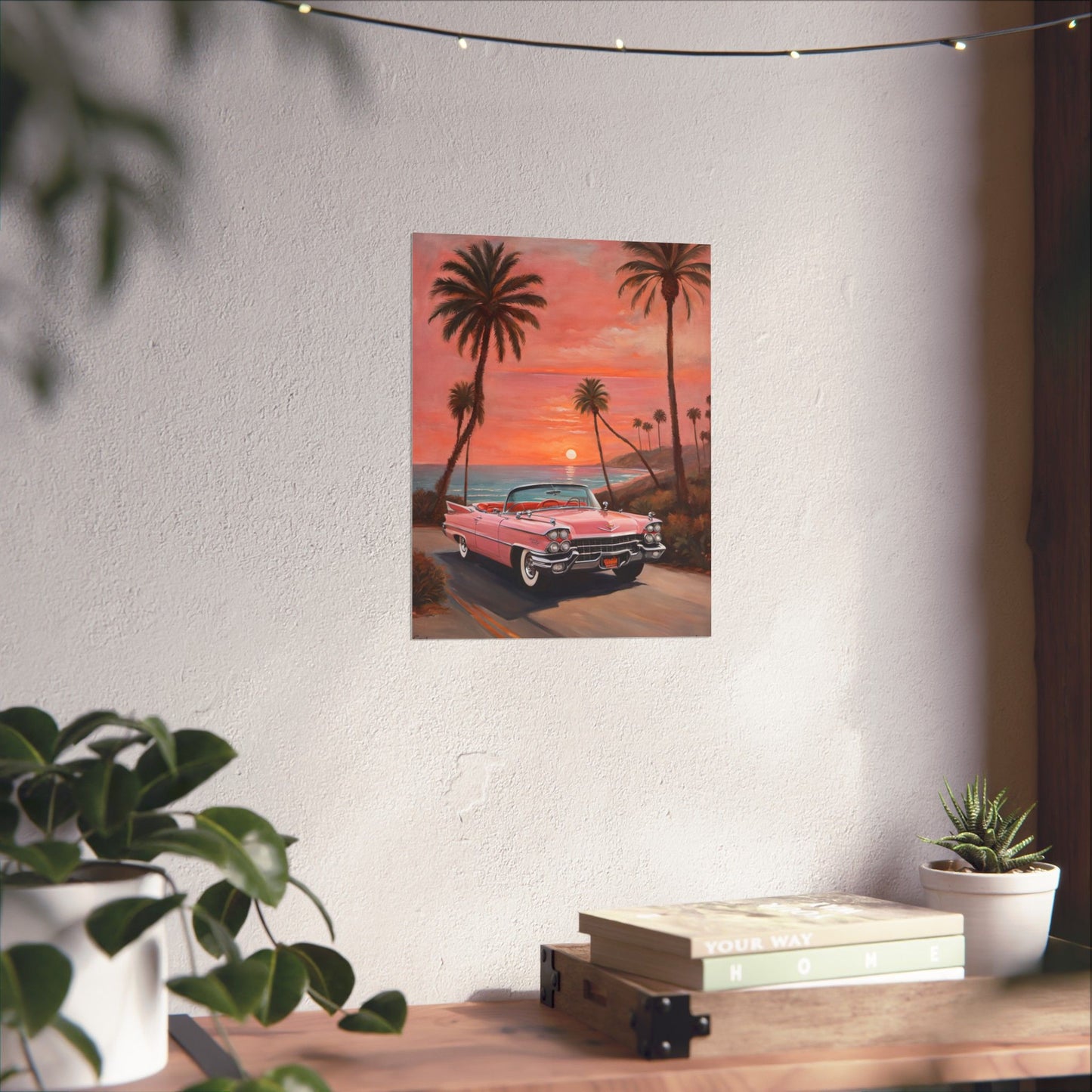Retro Sunset Poster featuring a classic car with palm trees against a vibrant sunset backdrop