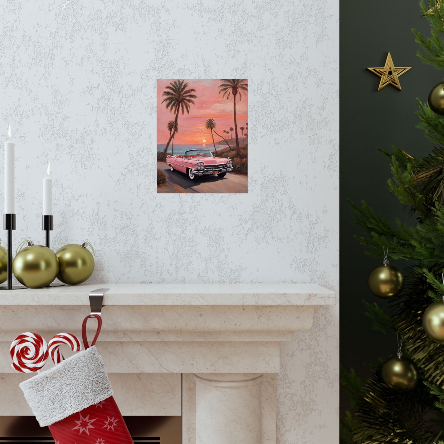 Retro Sunset Poster featuring a classic car and palm trees on a vibrant sunset backdrop