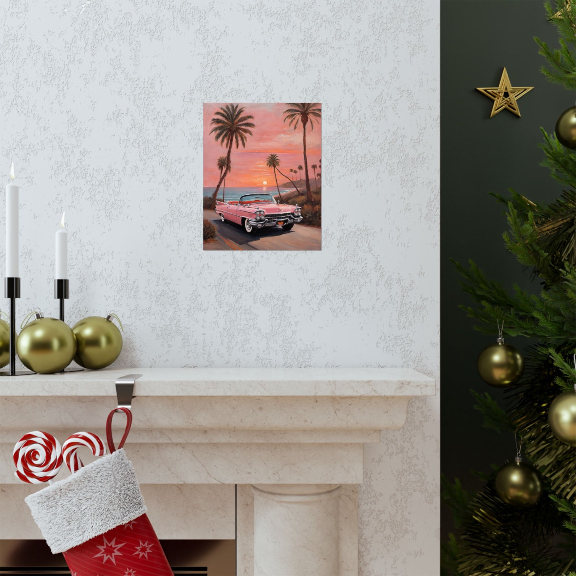 Retro Sunset Poster featuring a classic car and palm trees on a vibrant sunset backdrop