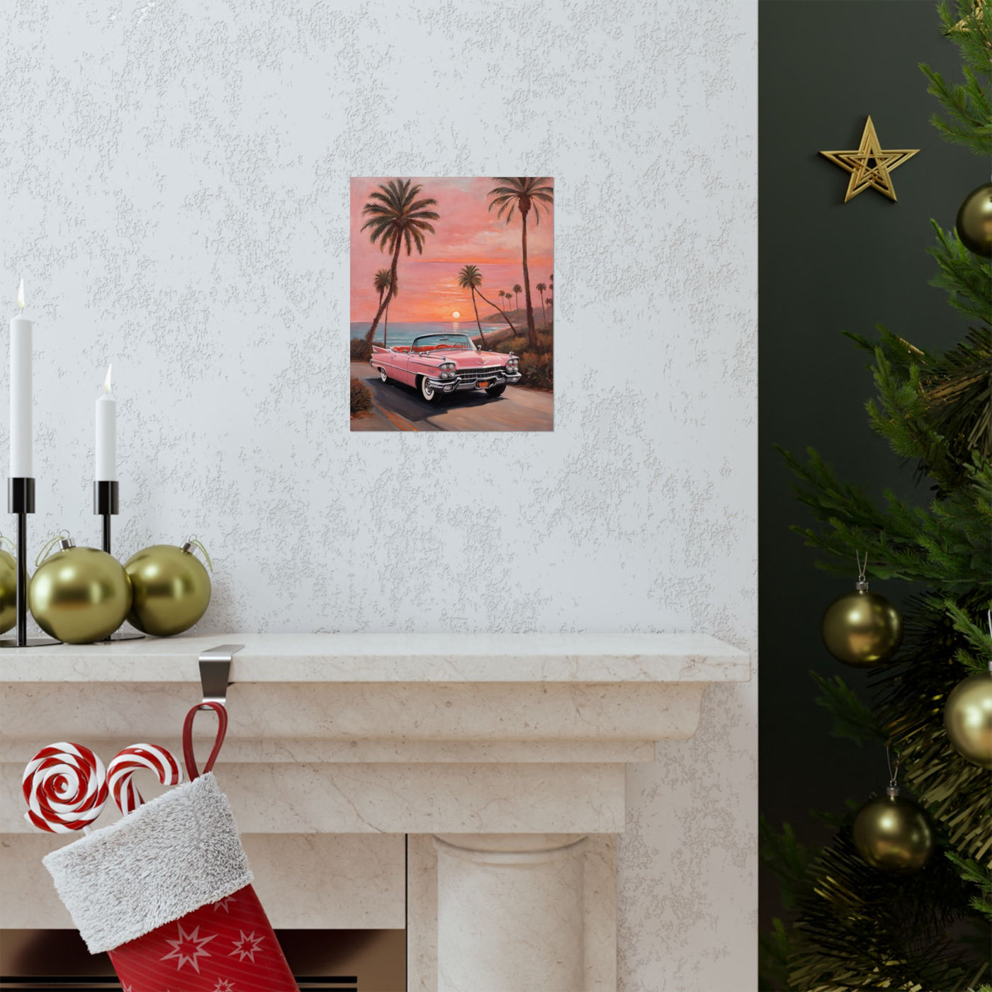 Retro Sunset Poster featuring a classic car and palm trees on a vibrant sunset backdrop