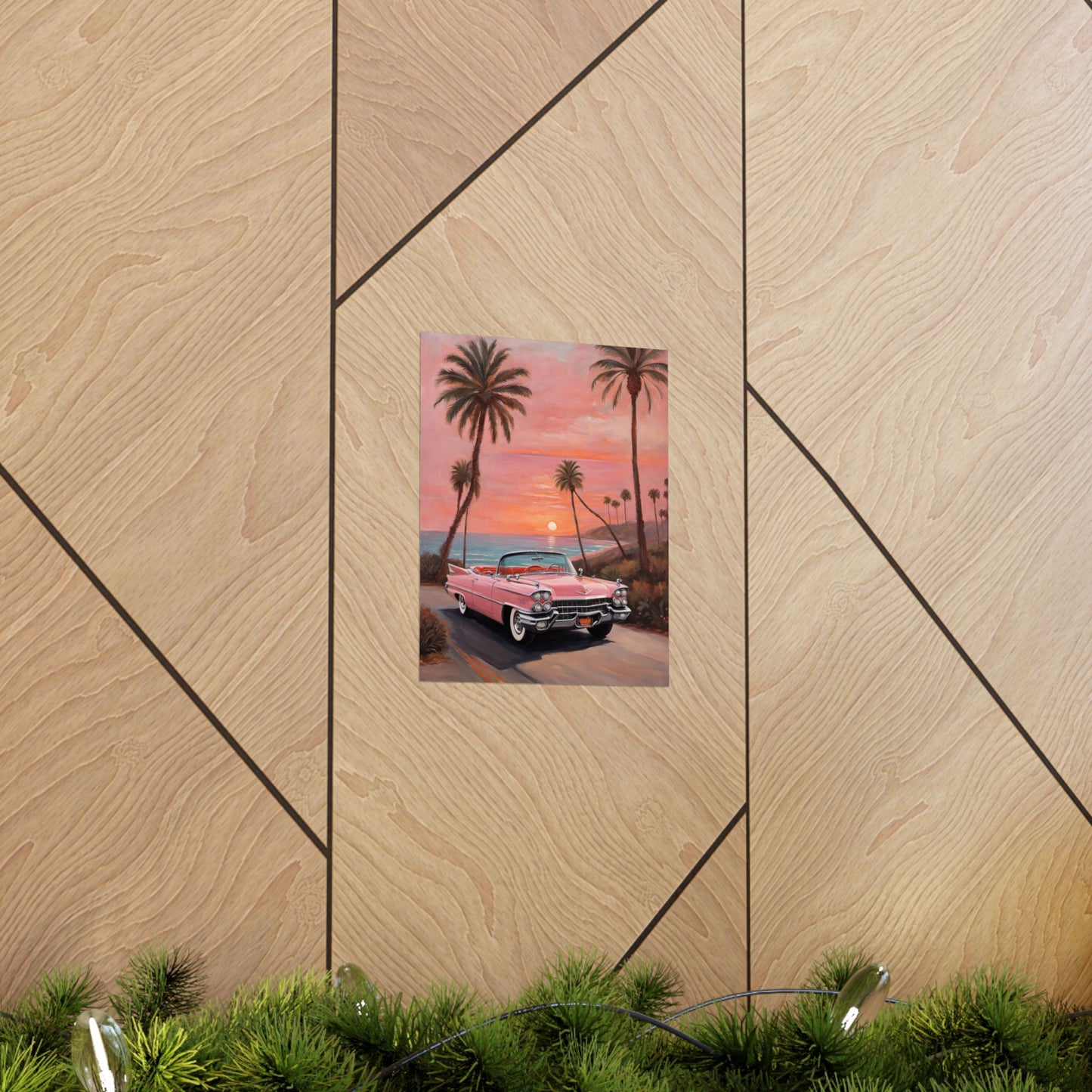 Vintage Car Sunset Poster featuring a classic car and palm trees against a vibrant sunset backdrop