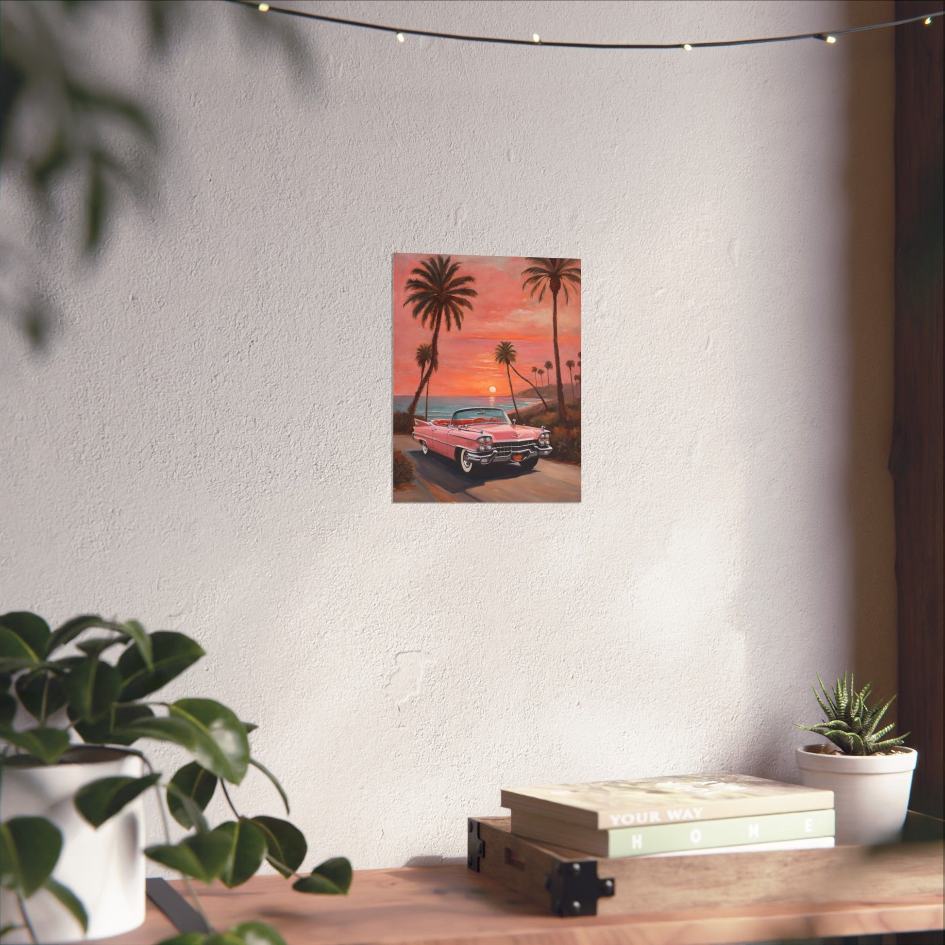 Retro Sunset Poster featuring a classic car under palm trees with a vibrant sunset background