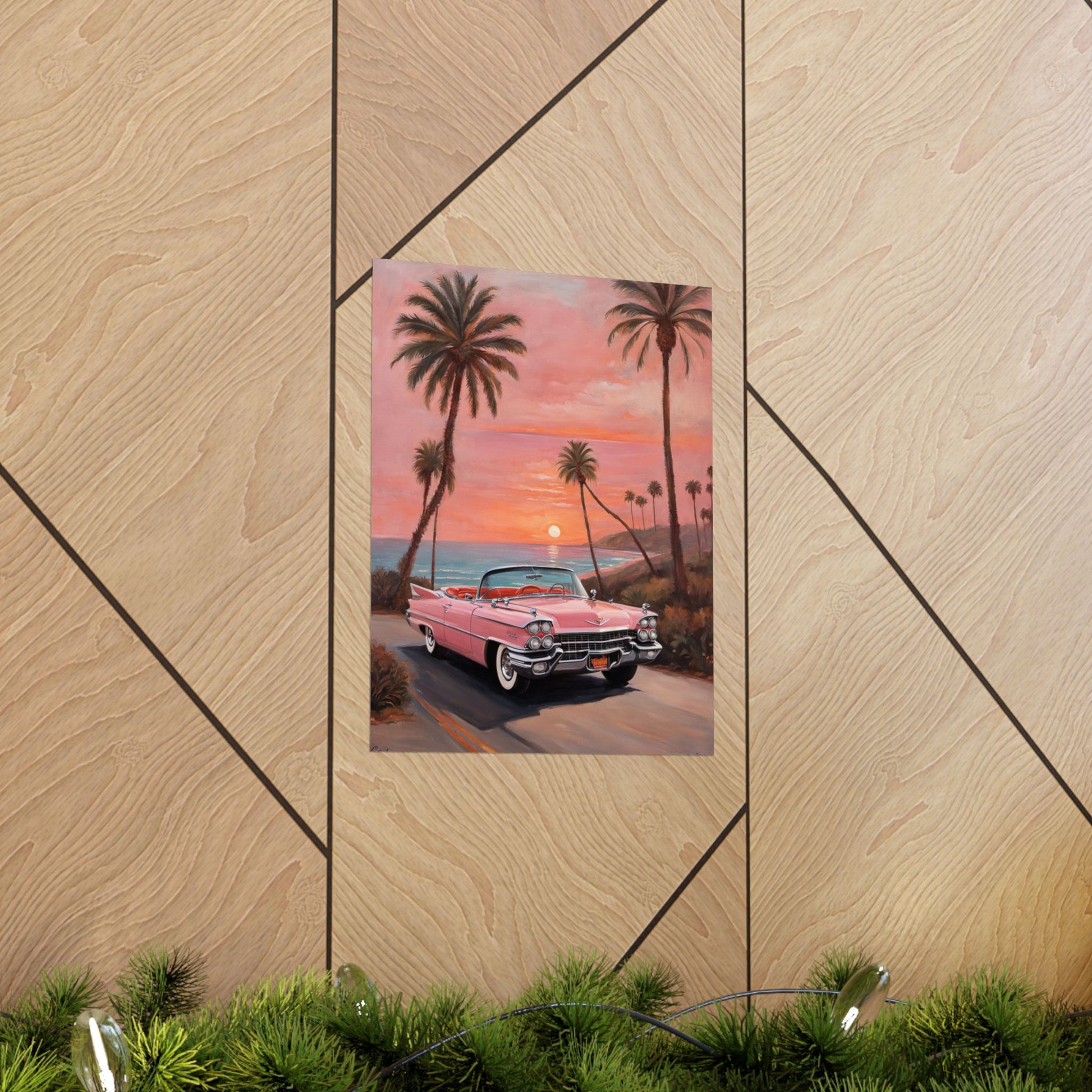 Retro Sunset Poster featuring a classic pink car and palm trees at sunset