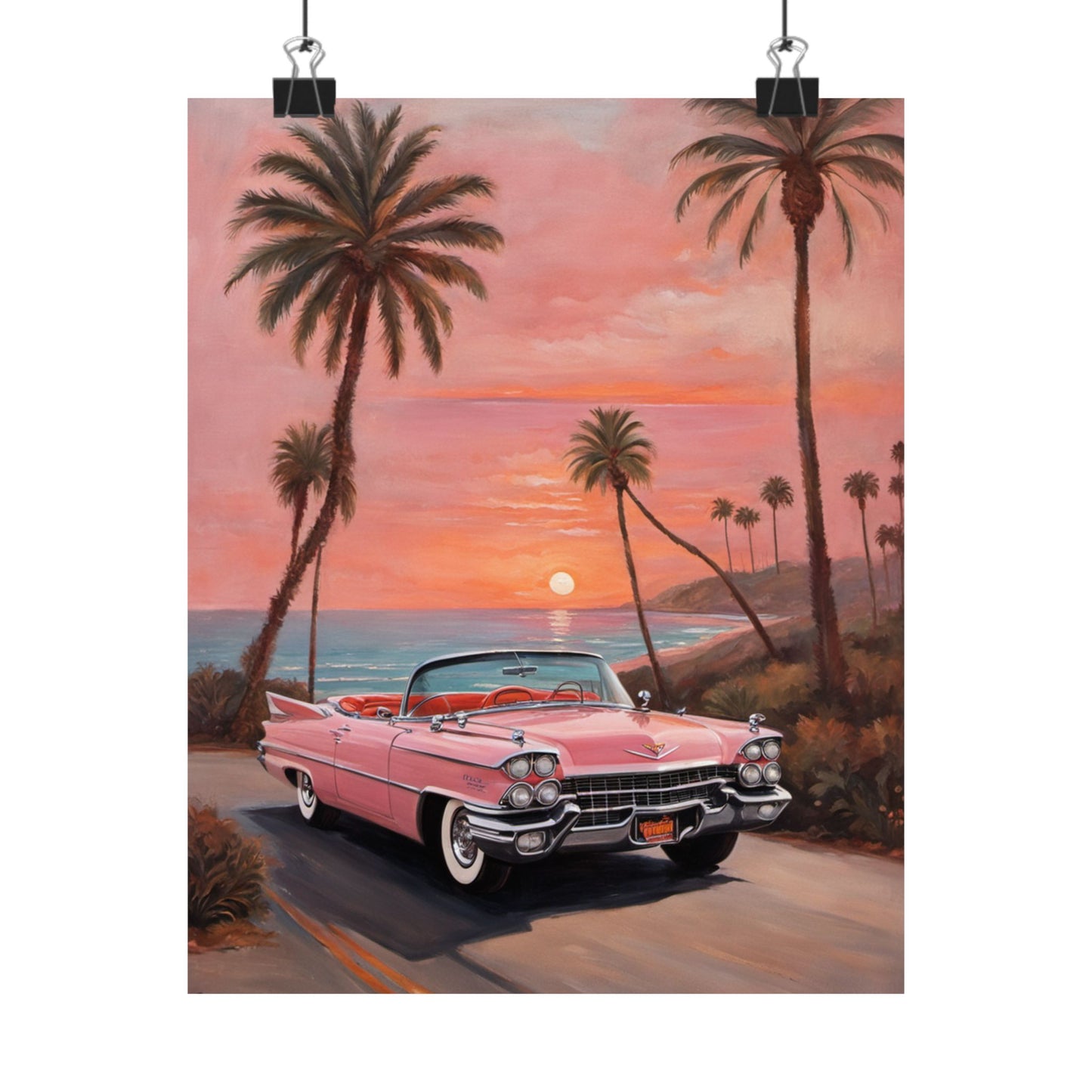 Retro Sunset Poster featuring a pink Cadillac with palm trees and ocean view at sunset