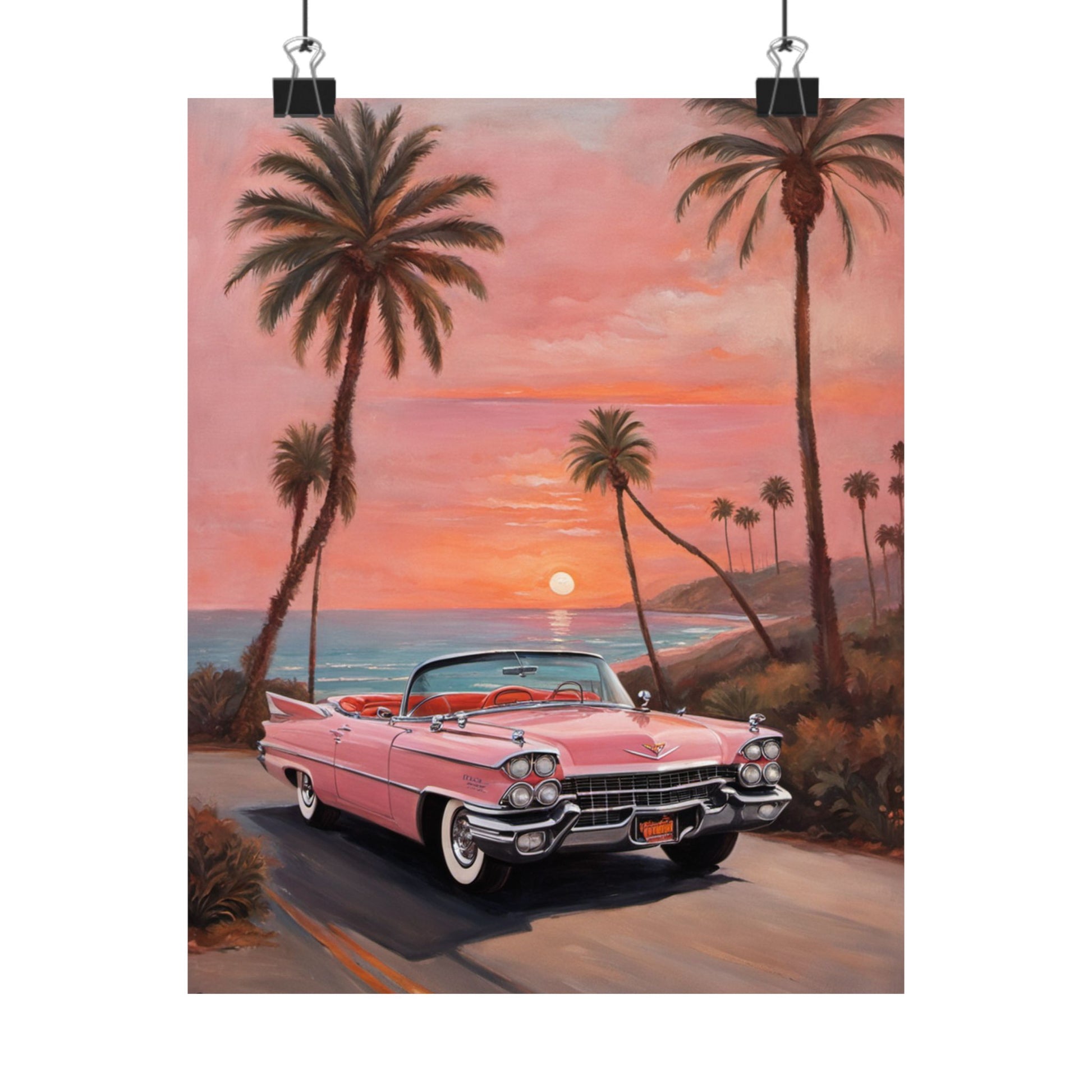 Retro Sunset Poster featuring a pink Cadillac with palm trees and ocean view at sunset