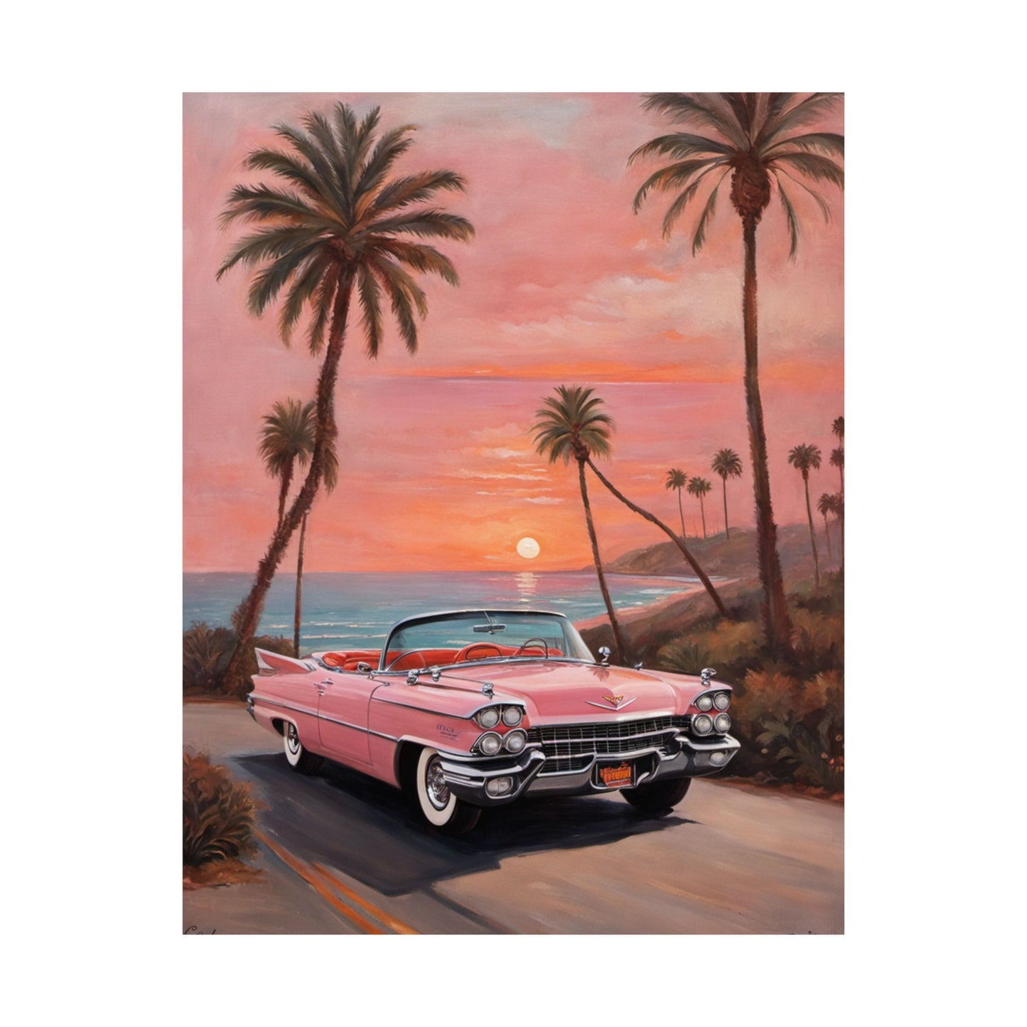 Retro Sunset Poster featuring a pink classic car with palm trees and a sunset over the ocean