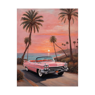 Retro Sunset Poster featuring a pink classic car with palm trees and a sunset over the ocean