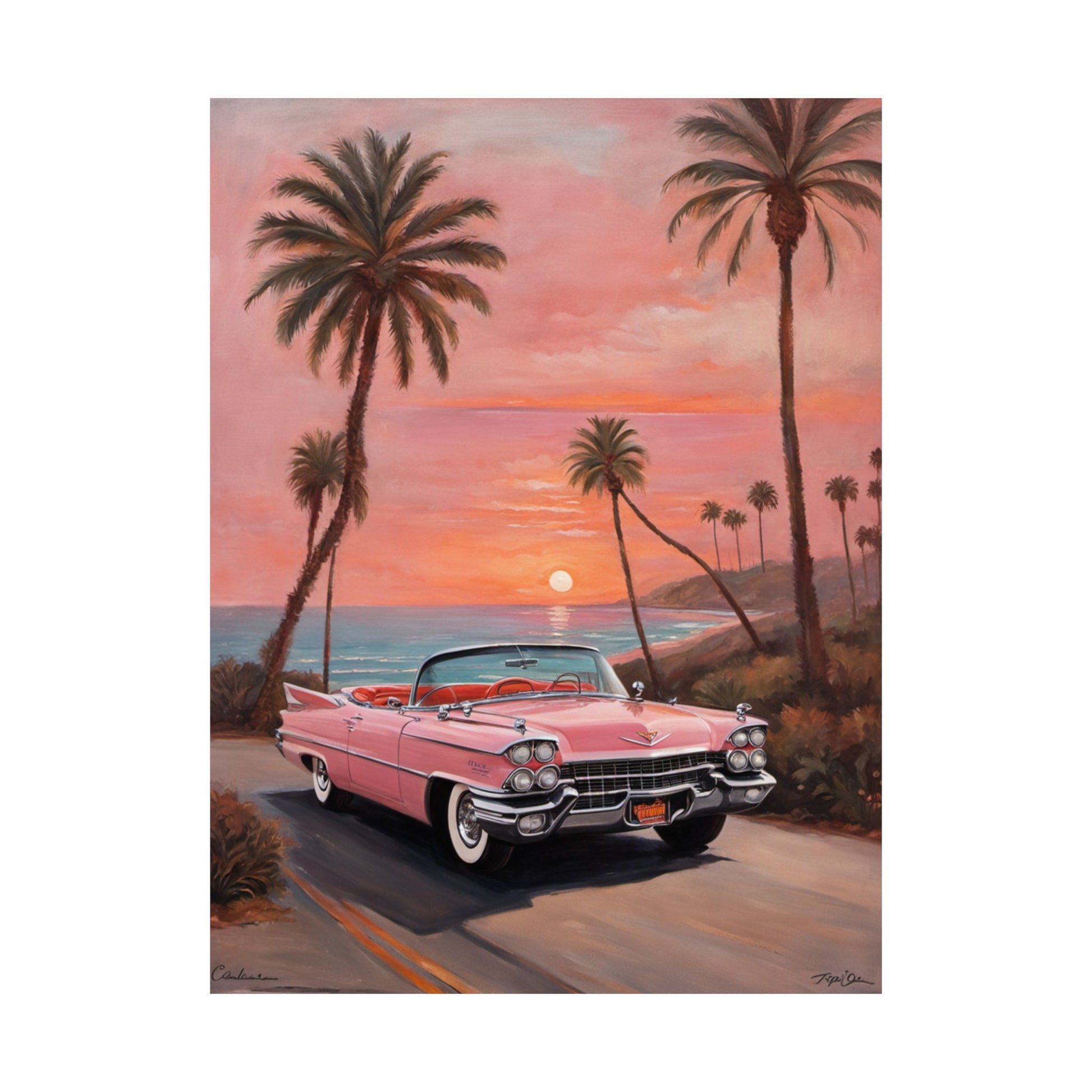Retro Sunset Poster featuring a pink convertible with palm trees and a beach sunset in the background