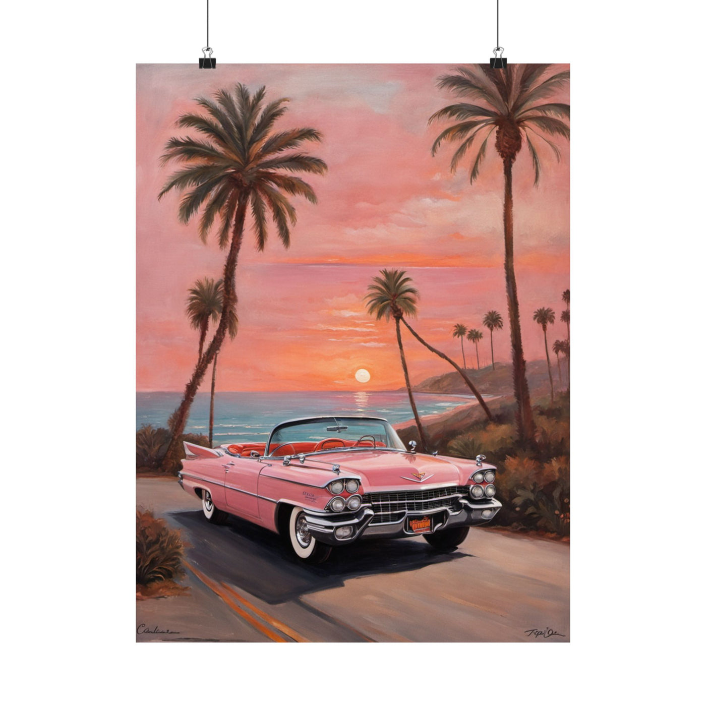Retro Sunset Poster featuring a classic pink convertible car against a palm tree backdrop at sunset