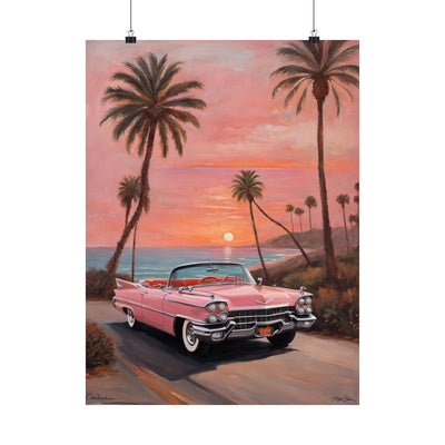 Retro Sunset Poster featuring a classic pink convertible car against a palm tree backdrop at sunset