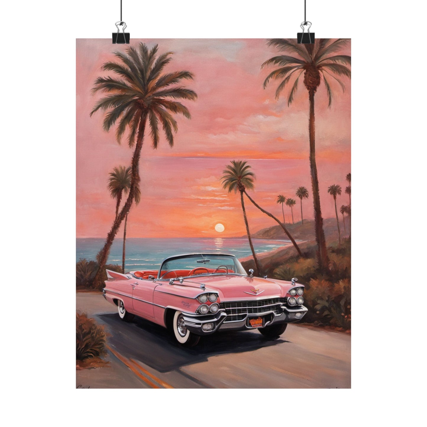 Retro Sunset Poster featuring a classic pink convertible near the beach with palm trees at sunset