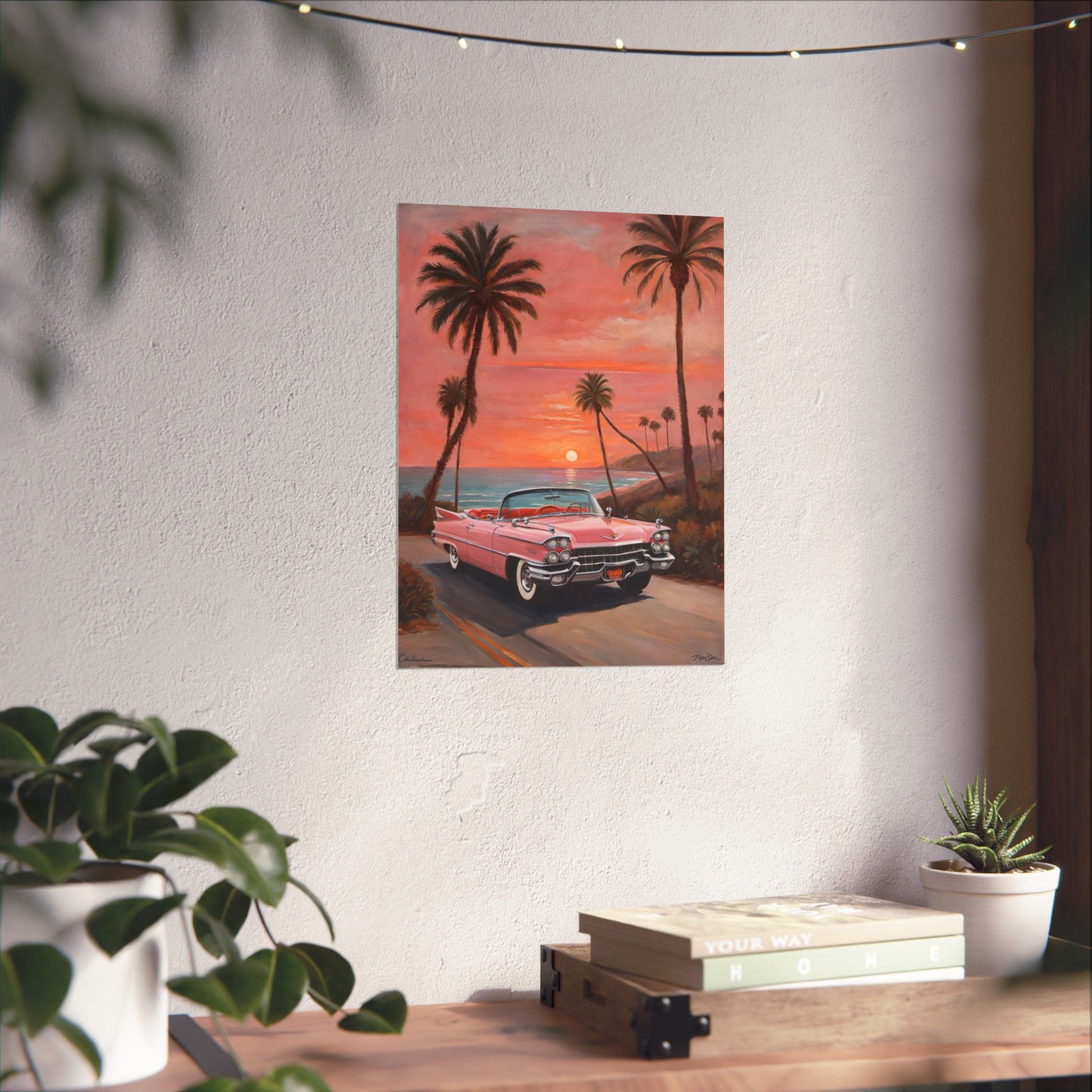 Retro Sunset Poster featuring a classic car and palm trees against a colorful sunset backdrop