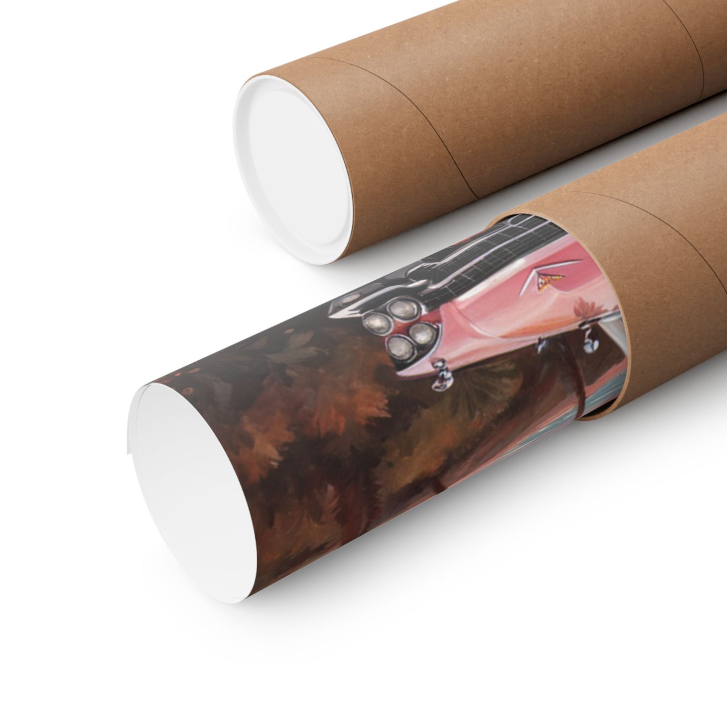 Retro Sunset Poster rolled in a protective tube showcasing vibrant sunset colors and vintage car design