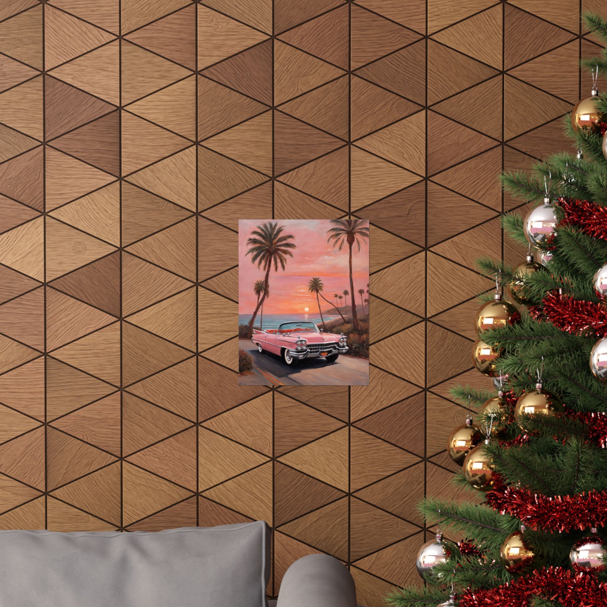 Retro Sunset Poster featuring a classic car with palm trees against a warm background